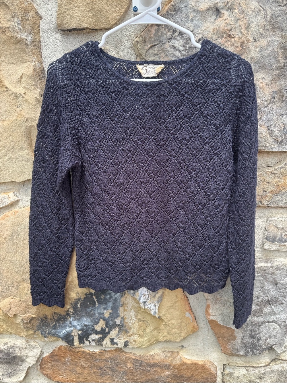 Vintage Savion Black Open-Knit Crew Neck Crochet Sweater Small Cropped Coastal